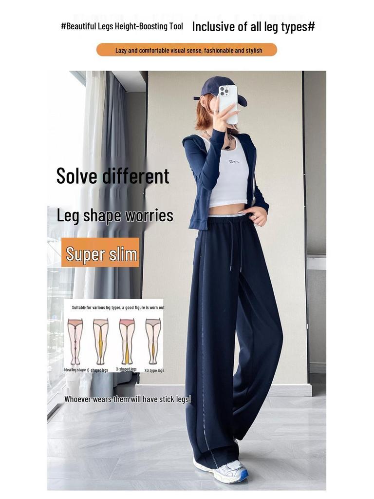Women's Autumn 2025 Dark Blue High-Waisted Floor-Length Wide-Leg Trousers: Slimming Drape Style, Casual Fit (Model 23276)