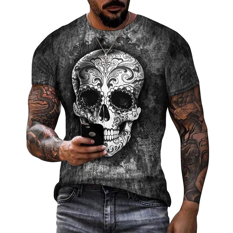 Summer Round Neck 3D Mexican Day of the Dead Skull Pattern Print Top Fashionable Casual Short Sleeved Men's T-shirts