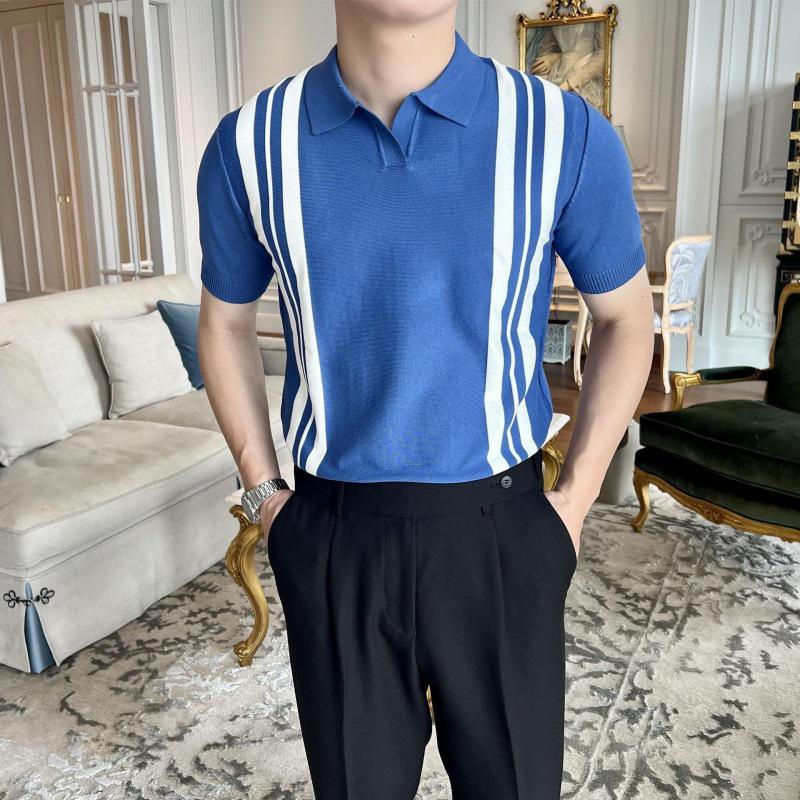 Men's Trendy Striped Short Sleeve Polo Shirt - Cool & Handsome Turn-Down Collar Casual Tee