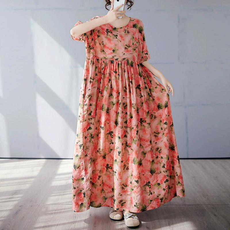 Plus Size Bohemian Print Maxi Long Dress for Women Floral Casual Cotton Linen Loose Vintage Vestidos Para Mujer Robe Dresses