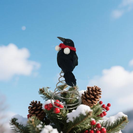 Halloween Crow Tree Topper Mini Crow Treetop Ornaments with Red Scarf And Fuzzy Pompom Ball for Christmas Halloween Party Supplies