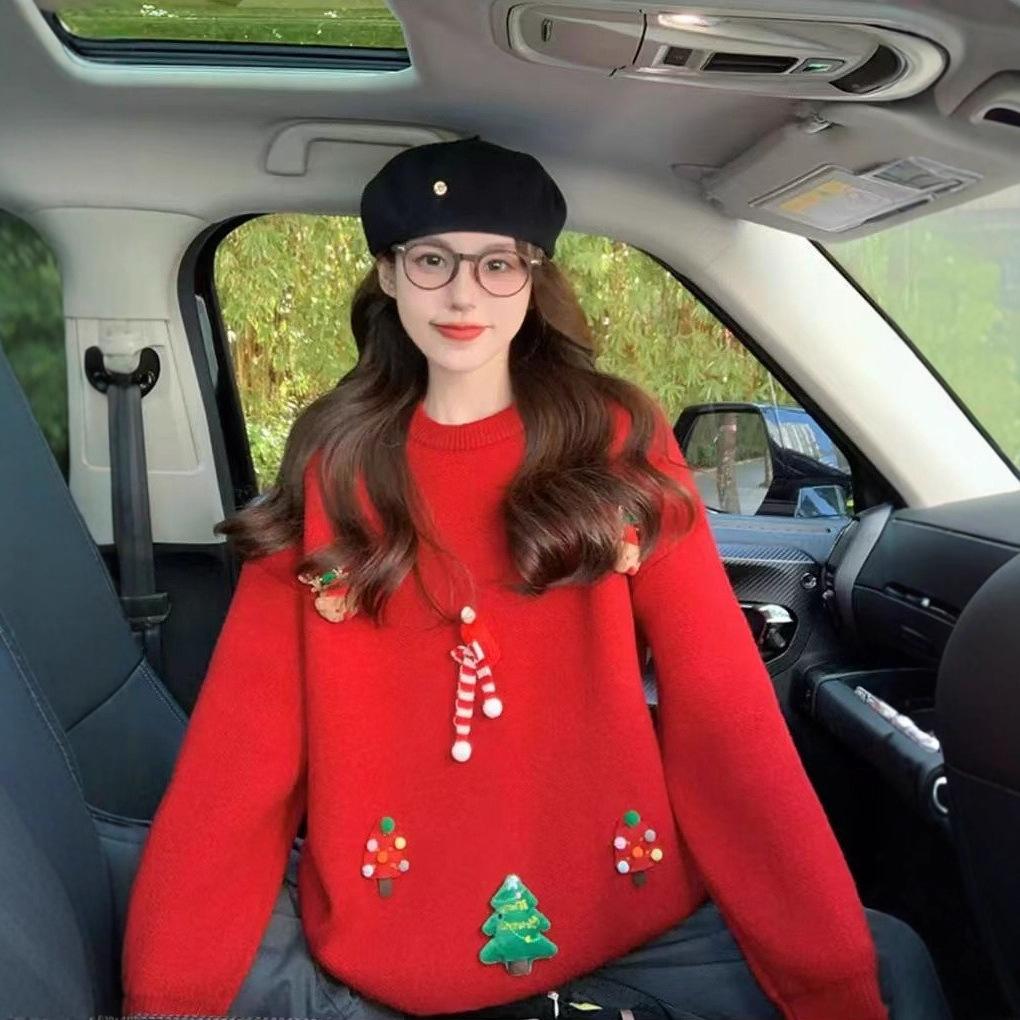 Lazy wind red pullover sweater women's 2025 Christmas autumn and winter new women's clothing casual versatile crew neck knitted sweater