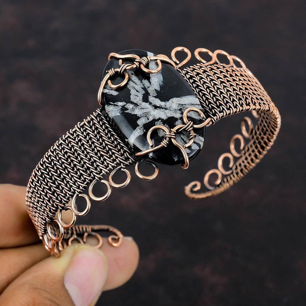 Chrysanthemum Cuff Bracelet Copper Wire Wrapped Adjustable Bangle Handmade Bangle Copper Wire Jewelry Original Gemstone Bangle Gift For Him