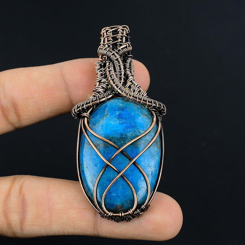 Neon Blue Apatite Gemstone Pendant 999 Copper Wire Wrapped Jewelry, Handmade Antique Pendant Jewelry, Gift For Mother