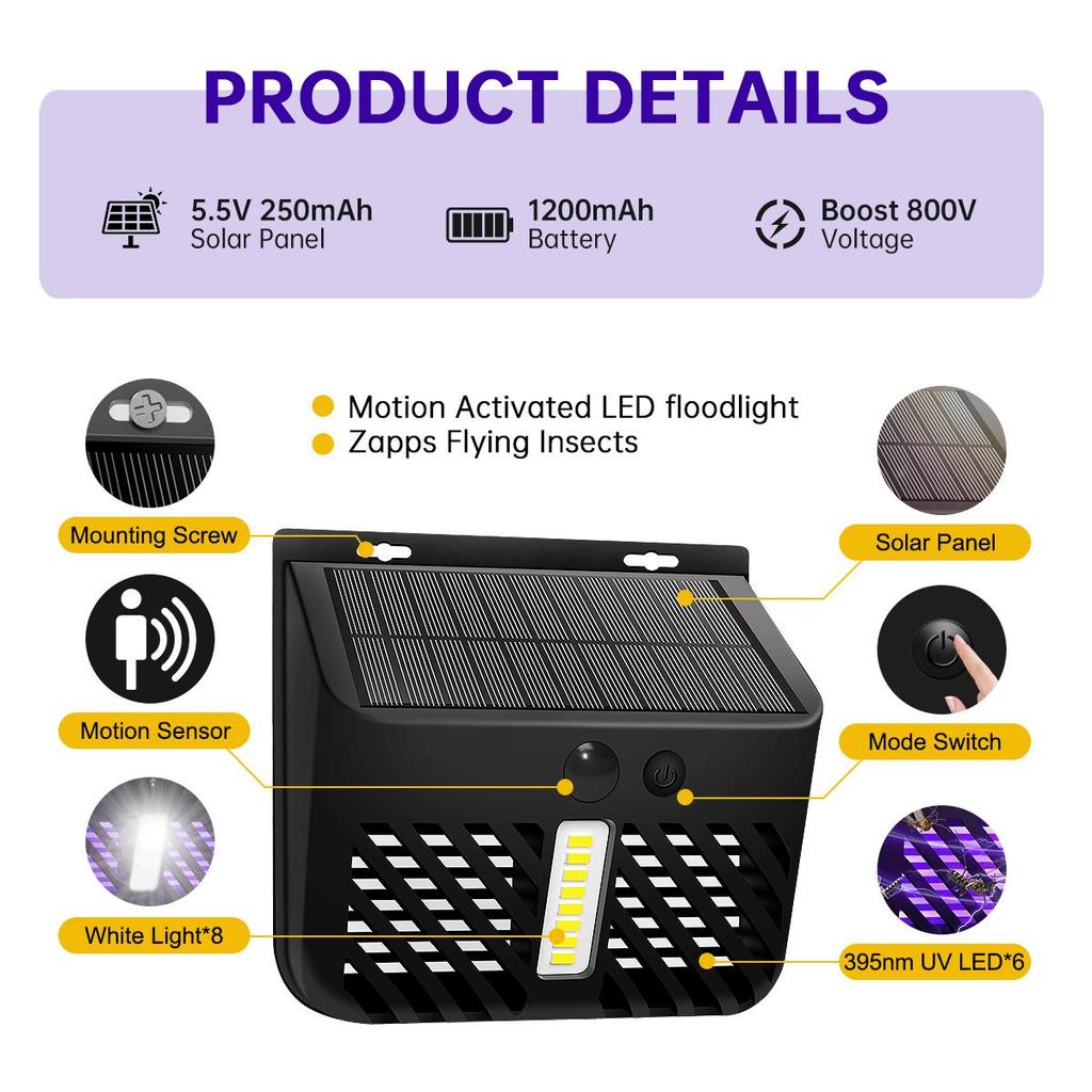 Solar Light Solar Bug Zapper Outdoor Mosquito Killer With Motion Sensor Waterproof Solar Powered Fly Trap For Garden Yard Wall