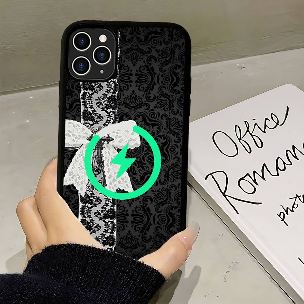 Black Lace Pattern Personalized Mobile For Magsafe Magnetic Case For IPhone17Air 16 15 14 13 12 11Pro Max Plus Wireless Charging
