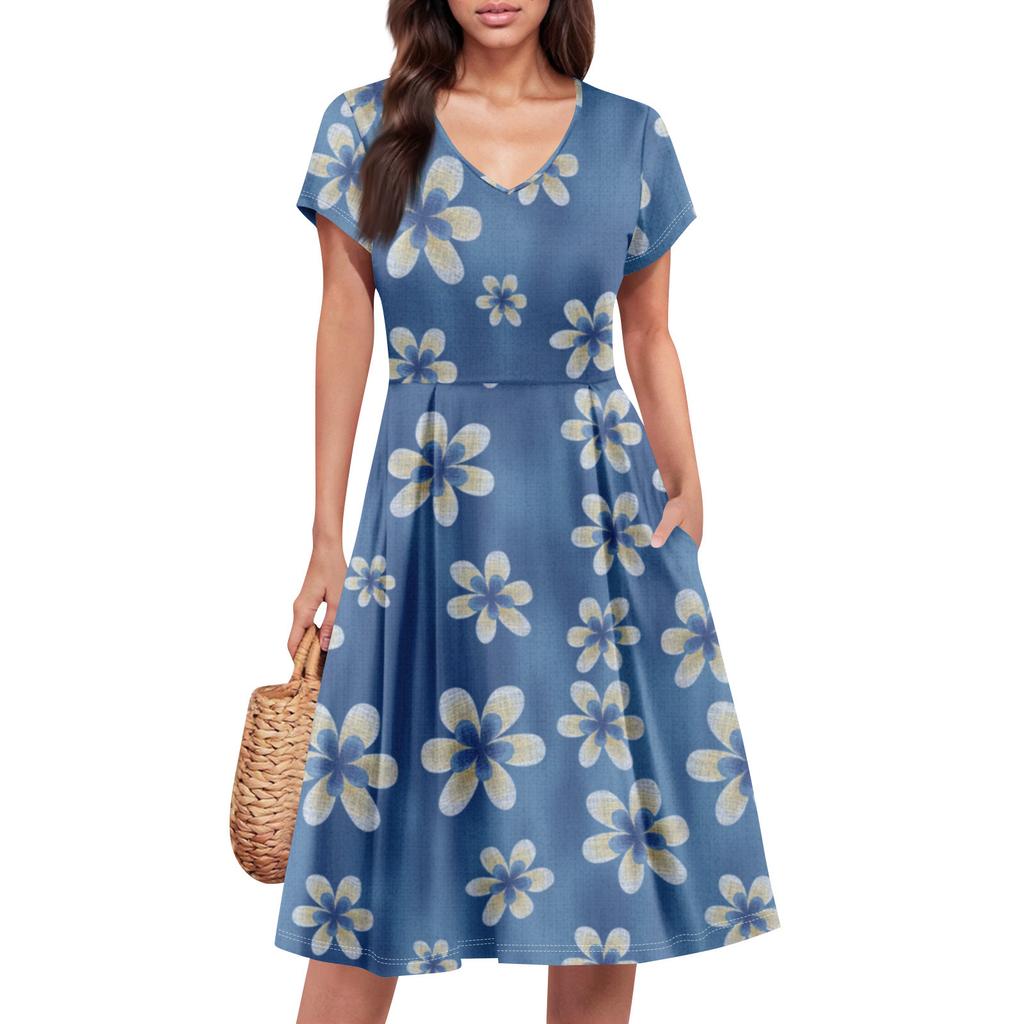 Womens Summer Dress Short Sleeve V Neck Short Dresses Fashion Casual Flowy A Line Swing Sundress With Pocket
