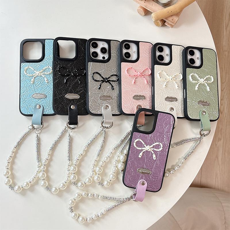 Pearl Bracelet Bow Leather Phone Case for Apple 17pro Fashion for IPhone16 Female Model 15plus