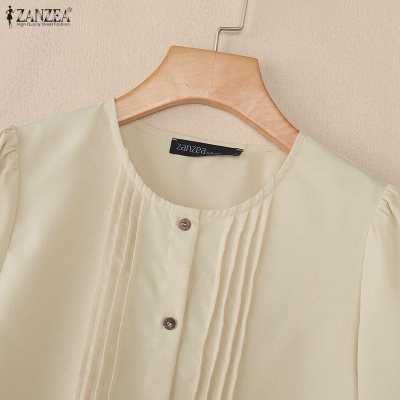 ZANZEA Chemisier décontracté à manches longues et col rond pour femme, couleur unie