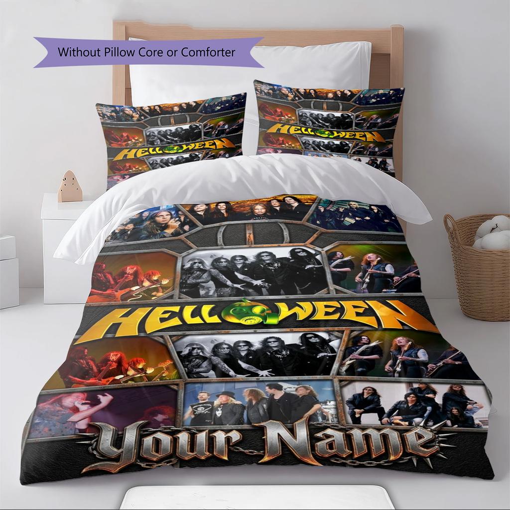 Name Individuell Helloween Band Muster Bettwäsche Set Bettbezug Kissenbezug Heimdekoration Geschenk (1 Bettbezug + 2 Kissenbezüge, ohne Füllung)