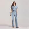 ELLE French Style Denim One-Piece Solid Color Lapel Waist-Defining Loose Jumpsuit Women jumpsuits Denim-Blue EJ47960