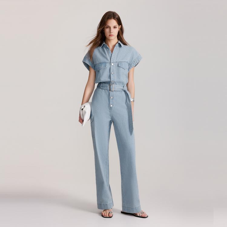 ELLE French Style Denim One-Piece Solid Color Lapel Waist-Defining Loose Jumpsuit Women jumpsuits Denim-Blue EJ47960