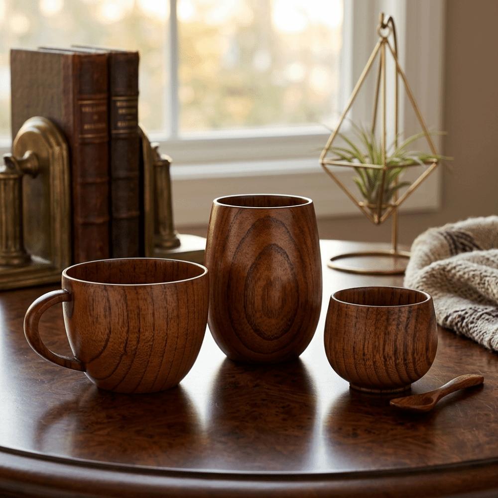 Solid Structure Wood Wooden Mug Heat Resist Smooth Coffee Cup Retro With Handhold Japan Style Cup Home Leisure