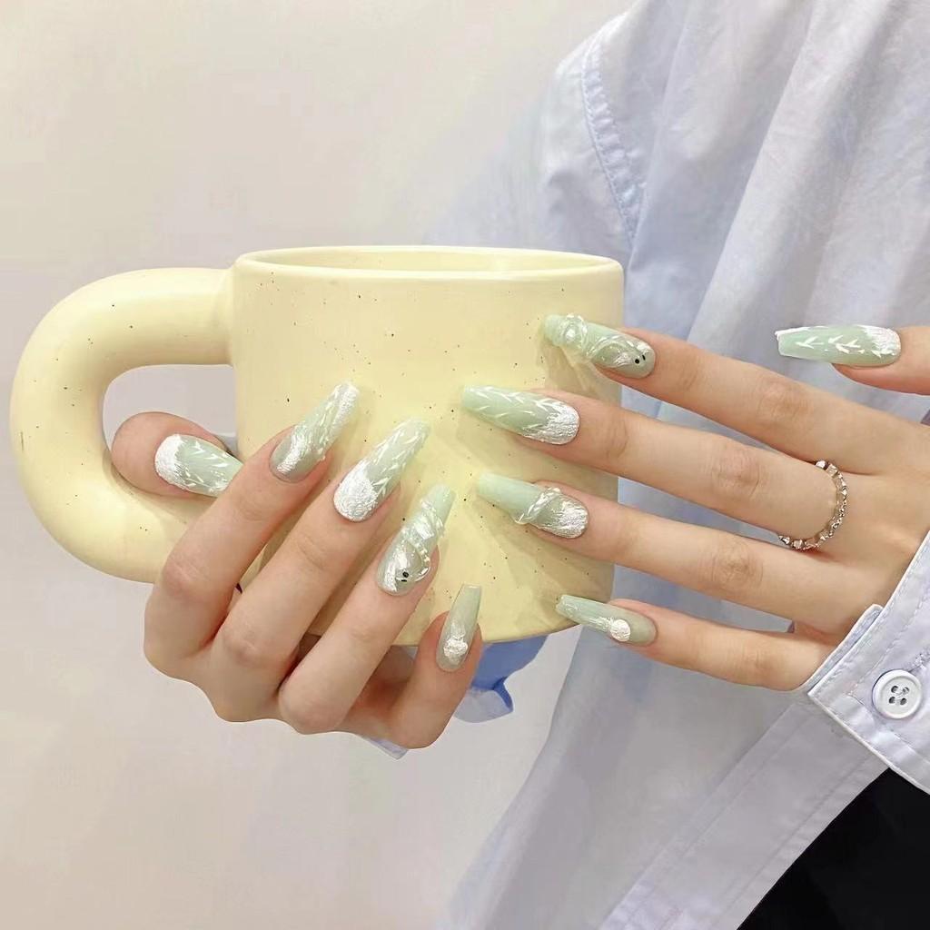 HANDMADE Artificial Nail Retro 3D Green Snake Fake Nail Set With Glue Reusable and Removable Press On Nails