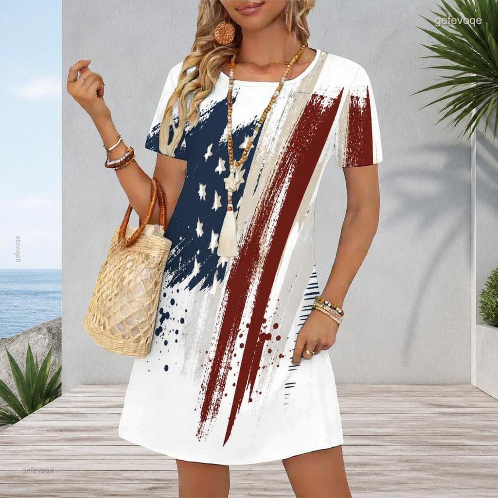 Women Plus Size Round Neck Short Sleeve American Flag Printed White A Line Dress