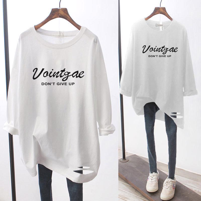 

Women s Mid-Length Long Sleeve Loose Fit Ripped T-Shirt with Fleece Lining for Early Autumn 3XL (135-150 lbs)