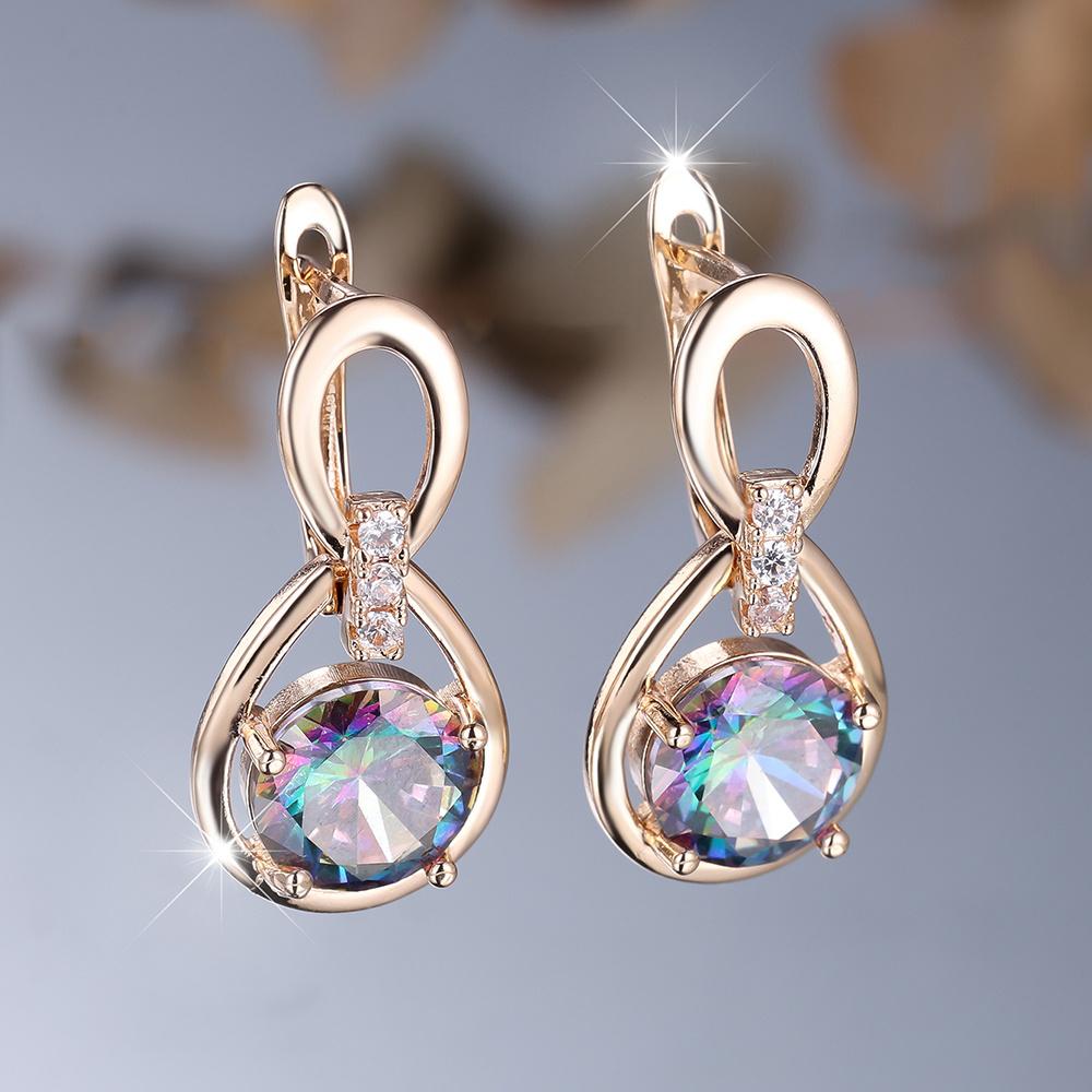 Charm Female Rainbow Pink Zircon Stone Hoop Earrings Gold Color Simple Wedding  For Women