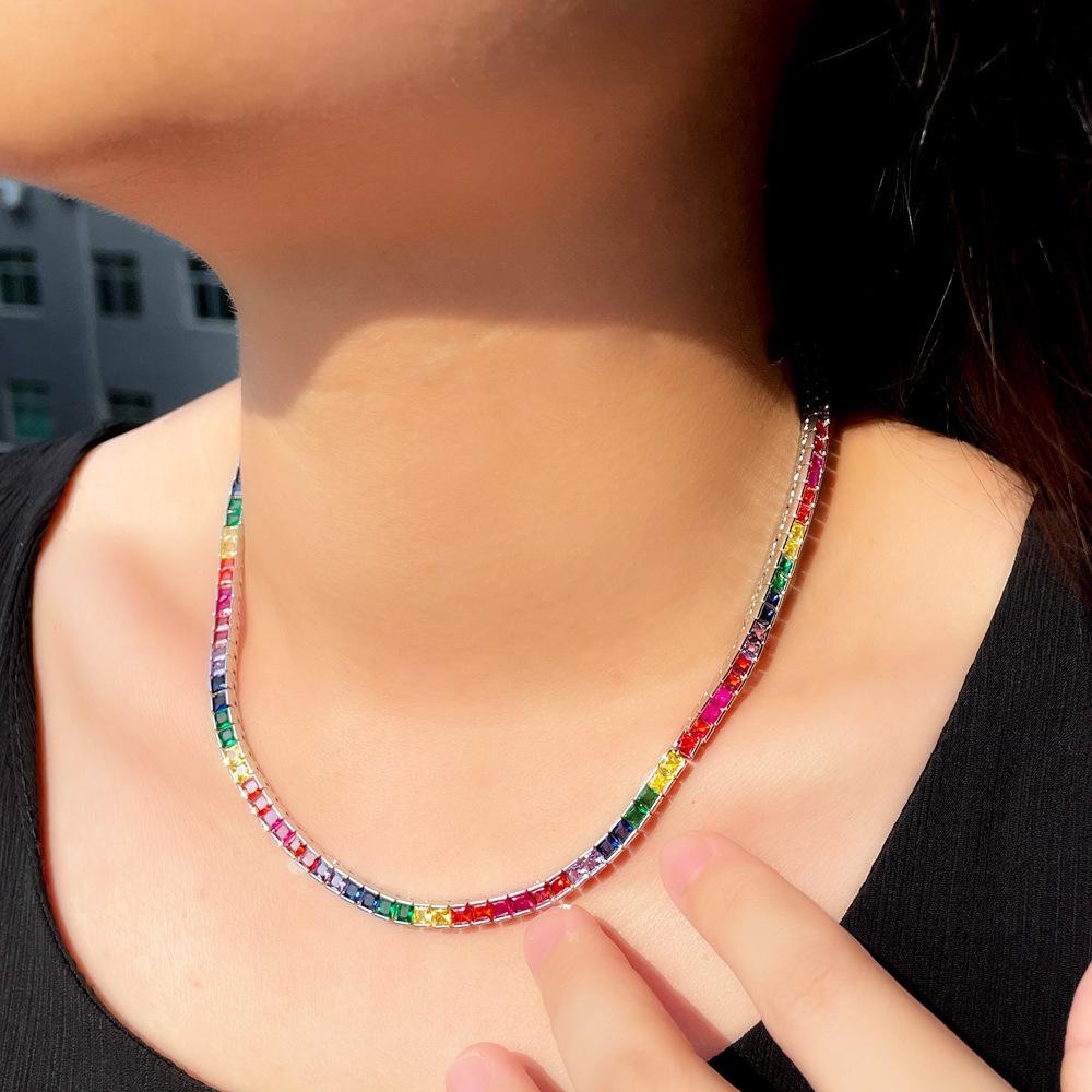 Hip Hop Single Row Diamond Rainbow Zircon Necklace 4Mm Color T Square Zircon Tennis Chain Hipster Jewelry