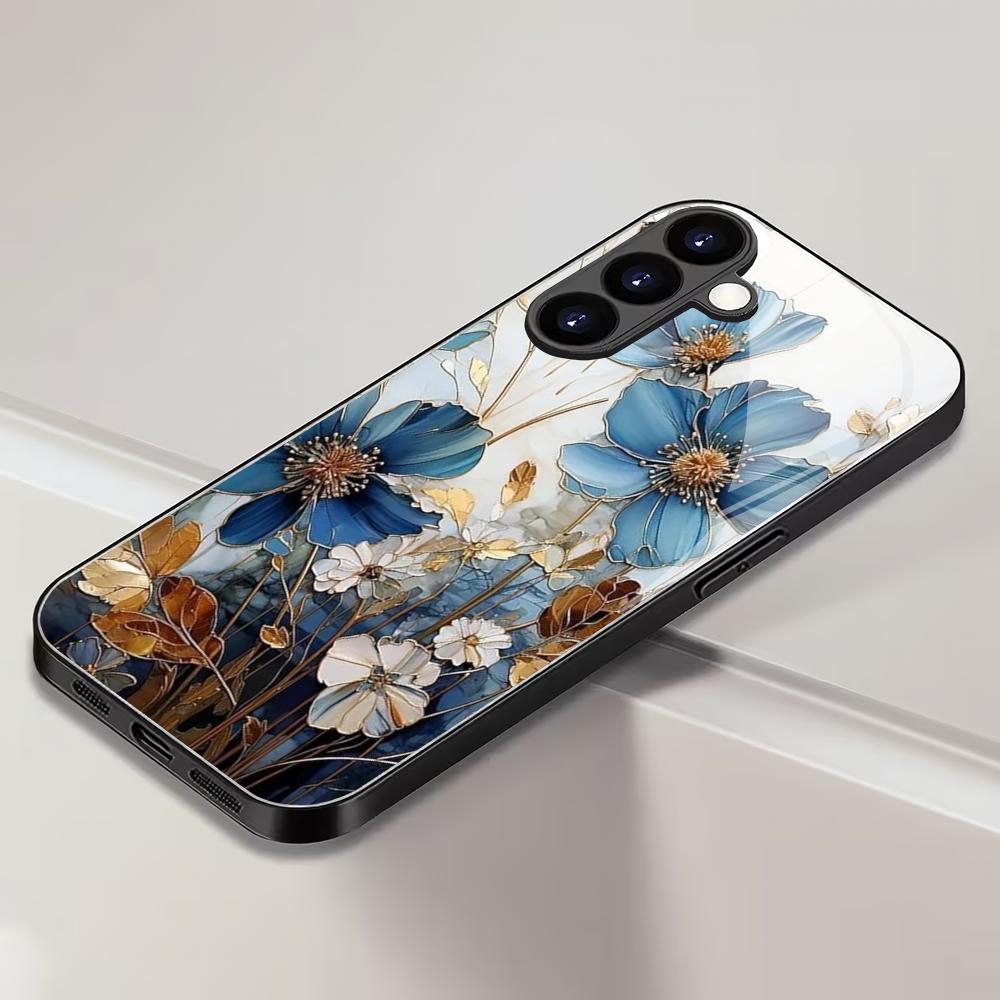 Blau-weiße florale gehärtete Glas Handyhülle geeignet für Samsung Galaxy S26 S25 S24 S23 S22 S21 S20 FE/Ultra/Plus sturzsicher