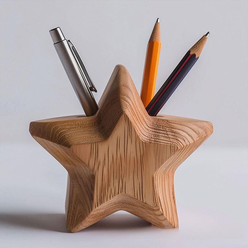 Wooden Pen Holder, Pentagram, Solid Wood Pen Holder, Office Desktop Storage Box, Desk Ornament, Wooden Handicrafts