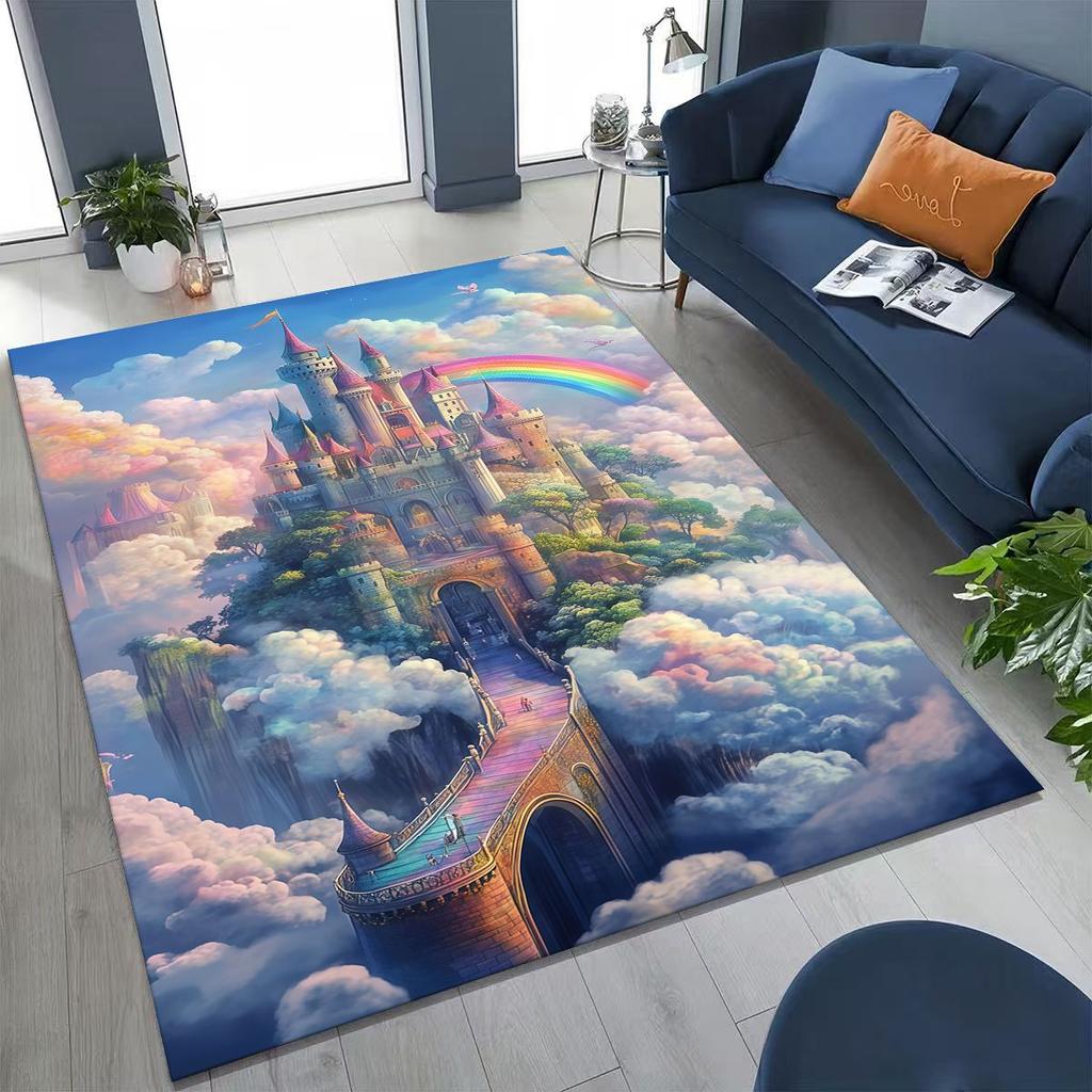 Enchanted Fairytale Princess Castle Gothic Castle Cartoon Rug for Bedroom Living Room Sofa Home Doormat Decor, Kids Non-slip Mat