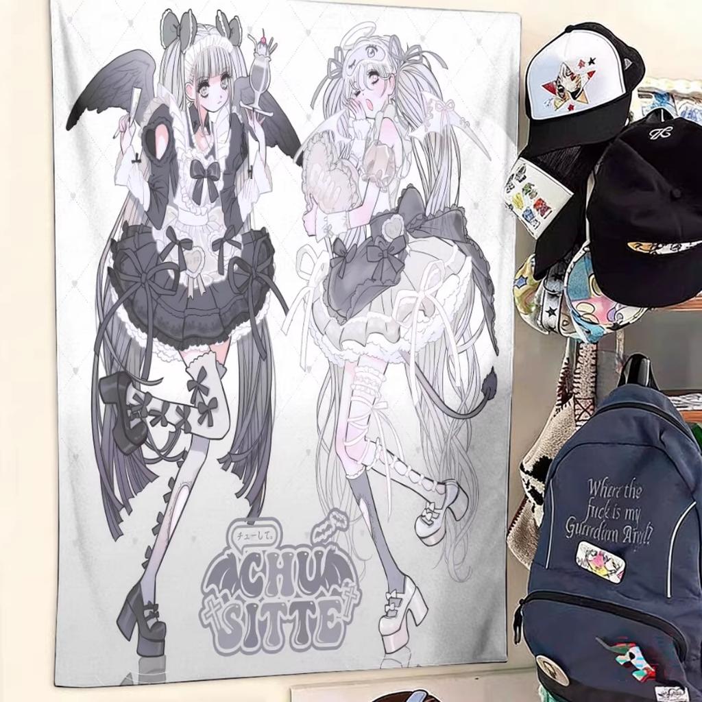 Domi World Angel Devil Twin Girls Tapestry Gothic Kawaii Anime Wall Hanging Black White Aesthetic Background Cloth for Bedroom