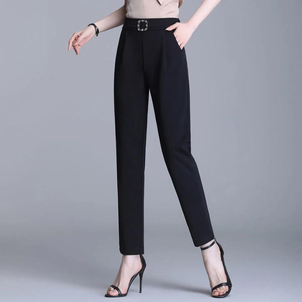 Spring and Summer Women's High Waist Elastic Haren Pants Commuter Casual Fashion Solid Color Pocket Belt Pants