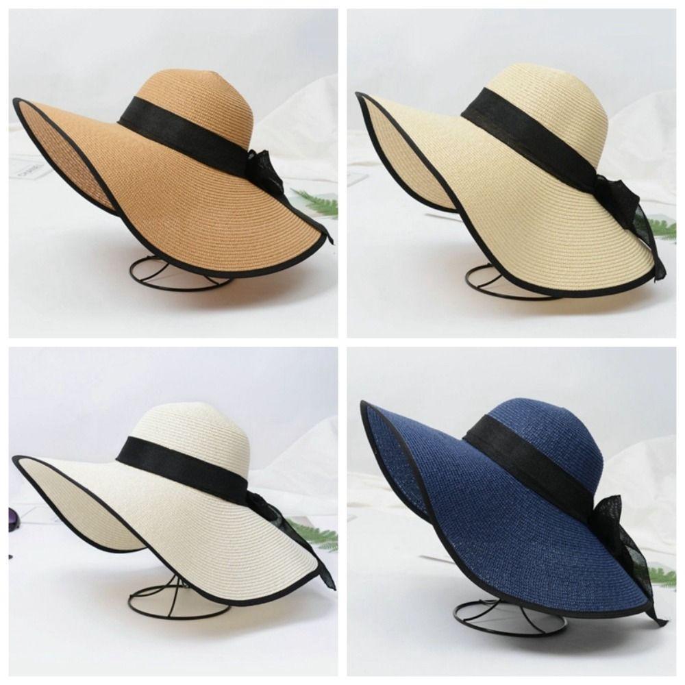 Lightweight Big Brimmed Straw Hat with Lace Ribbon Woven Sun Cap Vacation Beach Cap  Daily