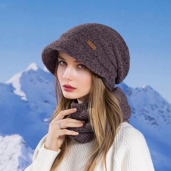 2Pcs/Set Women Winter Hat Scarf Set Solid Color Elastic Thickened Ear Protection Knitting Hat