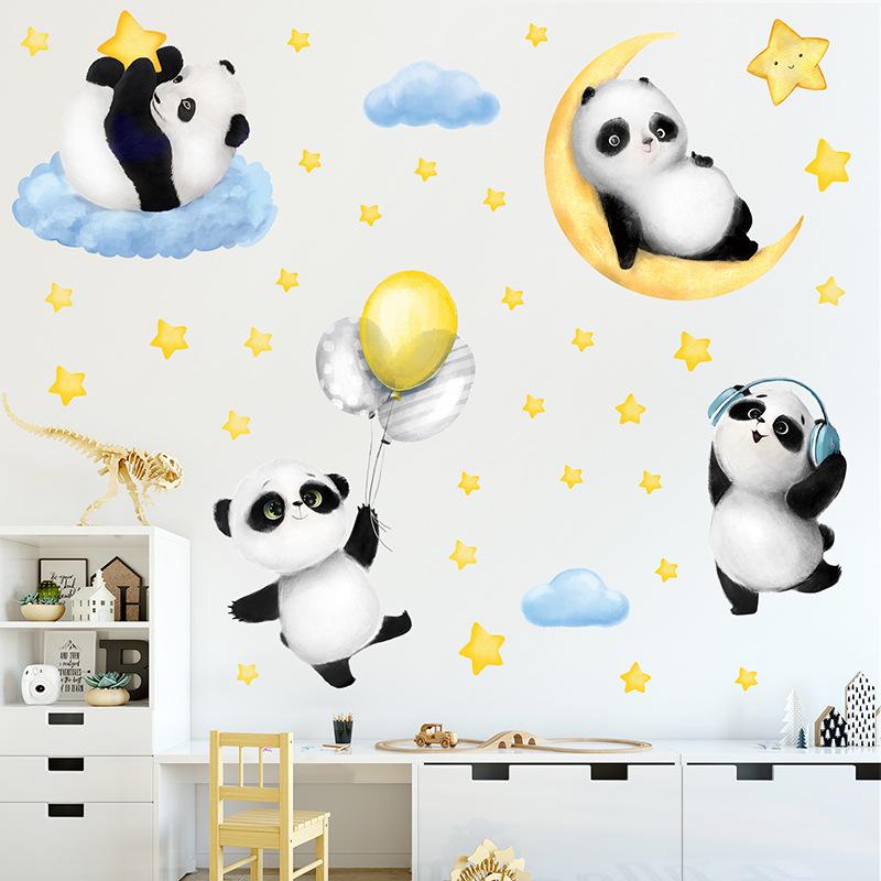Cartoon Panda Wall Stickers Moon Clouds Decals for Kids Room Nursery Decor Removable Animal Background Stickers