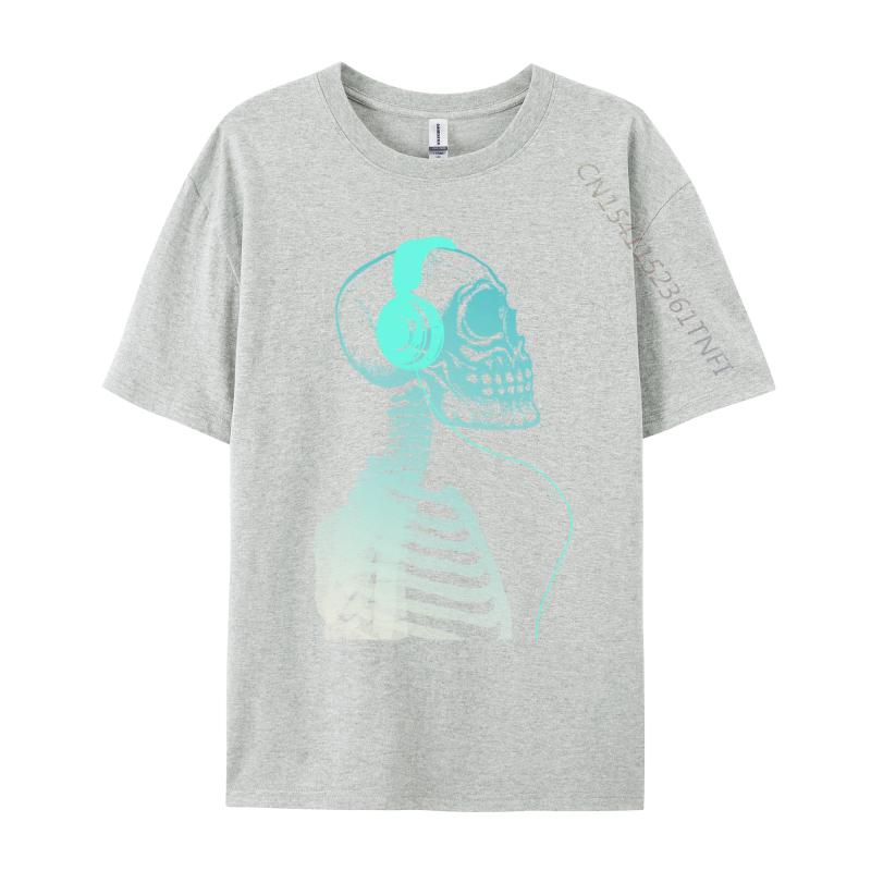 Skeleton Listening To Music With Headphones On His Skull T Shirt Black Vintage T-Shirt Pure Cotton Unique Camisas Hombre