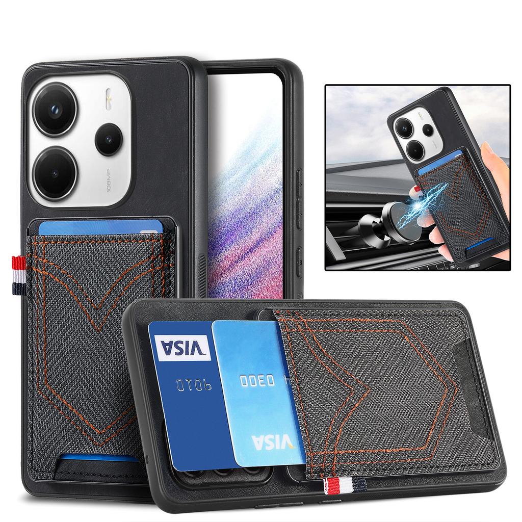 For Xiaomi Redmi Note 14 4G (163.25x76.55x8.16mm) Phone Case Retro Jean Cloth Texture Leather Back Cover with Card Holder