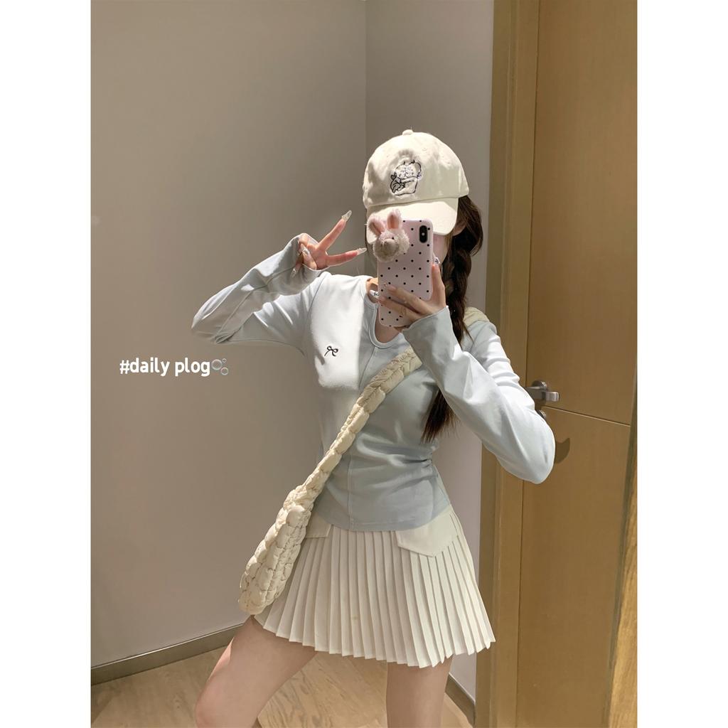 Small Neck Embroidered Splicing Bottom Shirt Women's Spring Waist Pleated Front Shoulder Long Sleeve T-Shirt Top