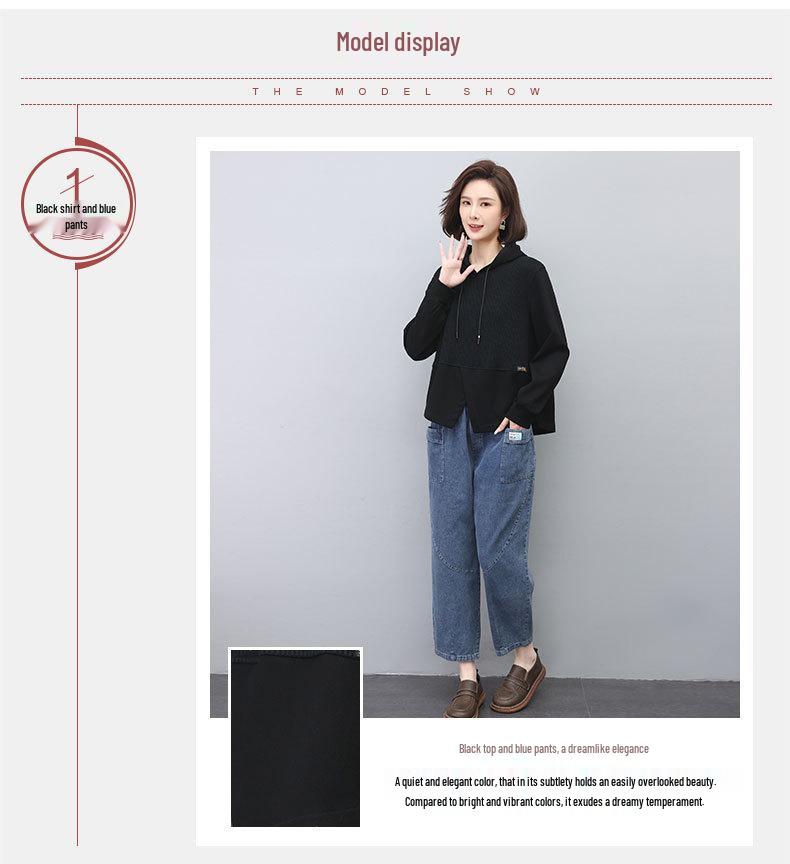 2024 Women's Chic Two-Piece Set: Loose Slimming Sweatshirt & Jeans for Spring/Autumn