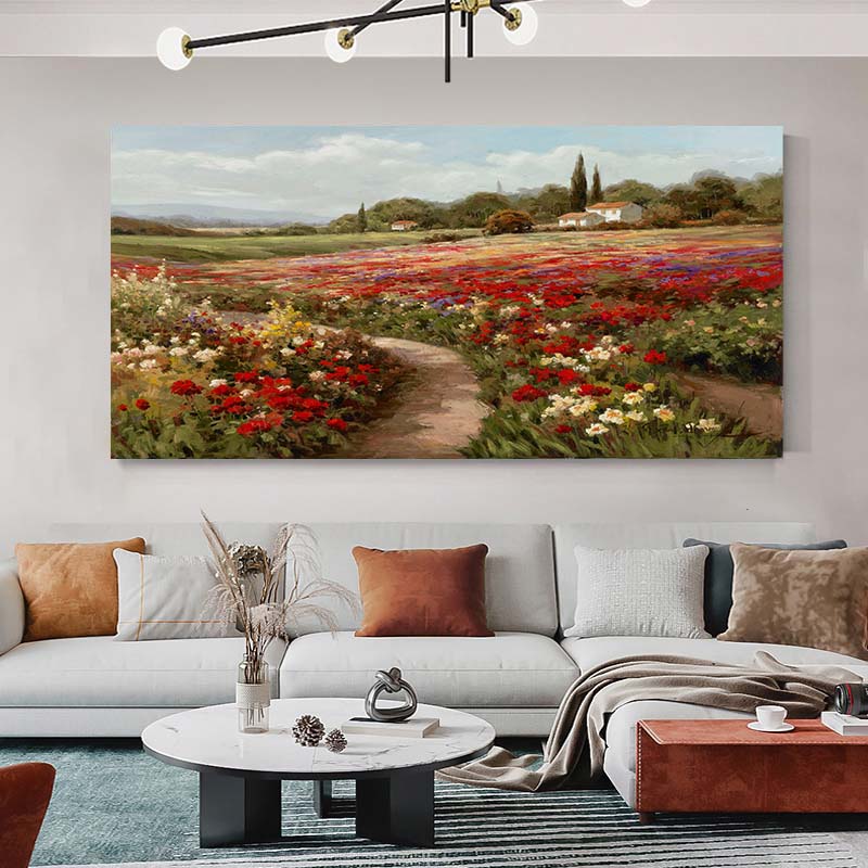 Abstrakte Leinwandposter und Drucke Wandbild für Wohnzimmer Mohnfelder Landschaft Impressionistisches Ölgemälde