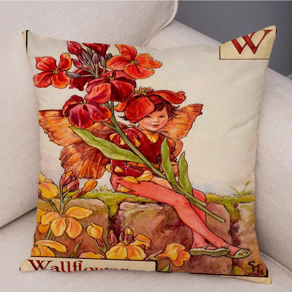 Vintage Floral Girl Pillowcase Decor Cute Cartoon Flower Elf Fairy Tale for Sofa Home Pillow Case Soft Plush Cushion Cover