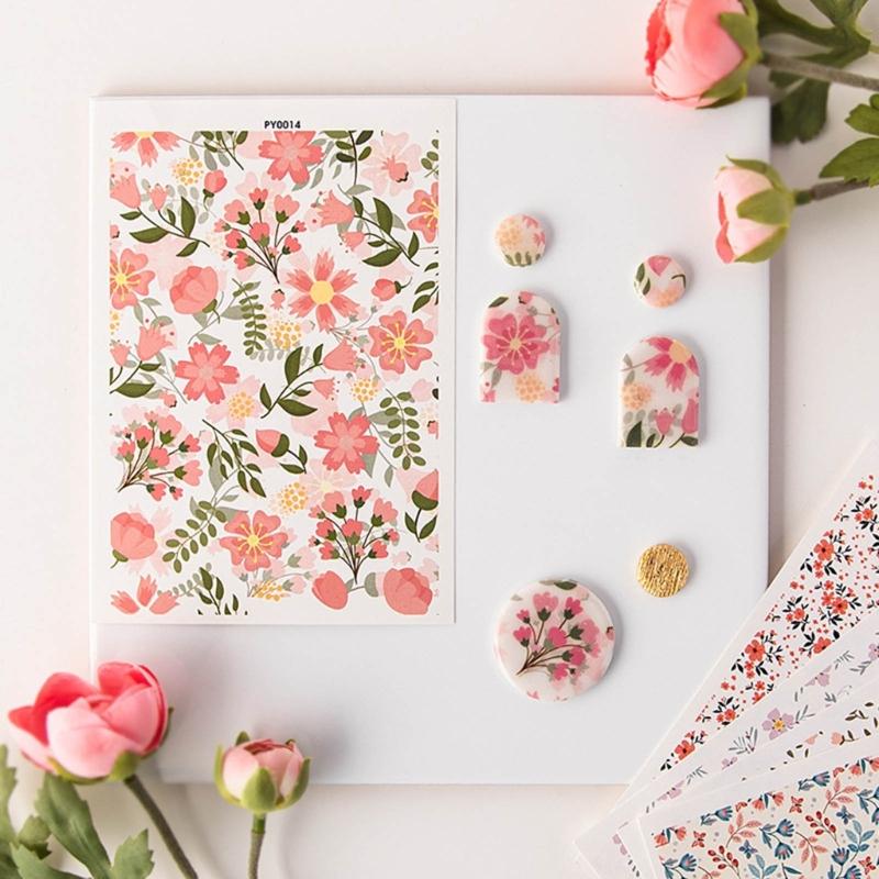 Clay Water Transfer Paper for DIY Clay Earring Jewelry, Floral Clay Transfer Sheet Flower Paper for Pottery Enamel Decal