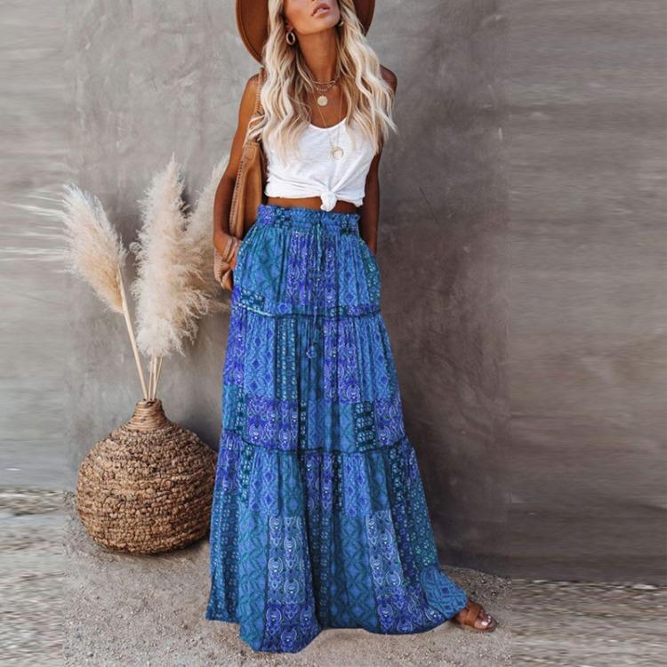 Bohemian Print Women's Long Skirt High Waist Elastic Waist Loose Casual Fashion Tie