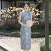 Retro National Style Blue Jacquard 1 New Sleeveless Cheongsam Improved, Thin Waist Daily Young Long Dress