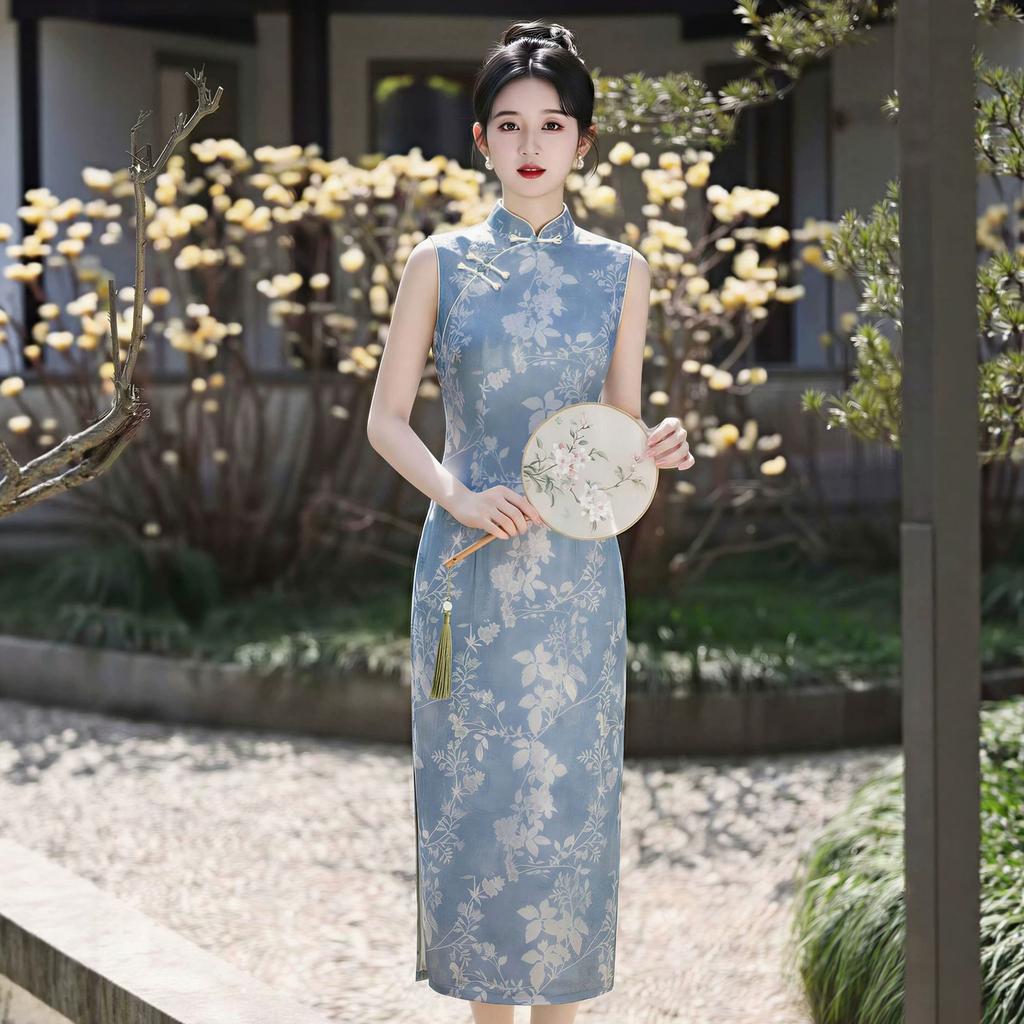 Retro National Style Blue Jacquard 1 New Sleeveless Cheongsam Improved, Thin Waist Daily Young Long Dress
