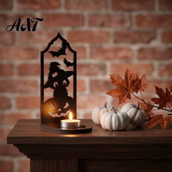 Halloween Table Centerpiece Candle Holder, Gothic Hollow Silhouette Holder for Tea Lights, Dark Bat Shaped Light Style Pumpkin Ghost Cat Tabletop