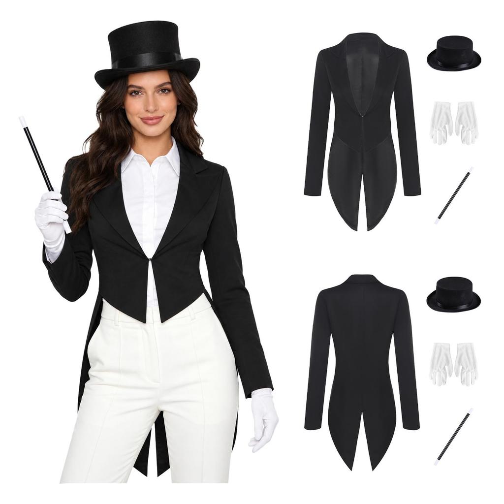 Women Cosplay Magician Tailcoat Jacket Long Sleeve Lapel V Neck Open Front with Hat Gloves Wand for Stage Magic Show