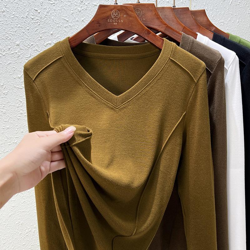 Front shoulder women's long-sleeved autumn new bottoming shirt design sense niche t-shirt white fishbone top women