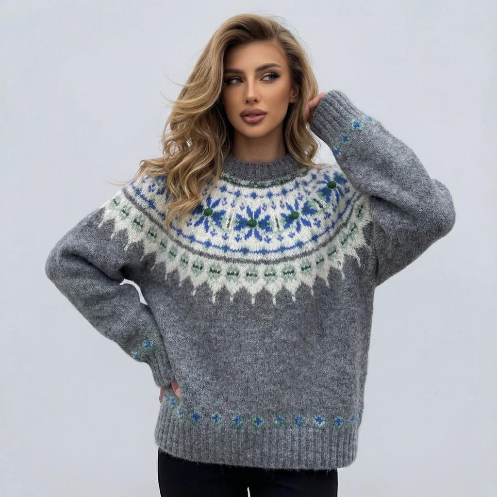 Fair Island sweater women's red jacquard long-sleeved sweater loose lazy style retro knitted sweater top trendy