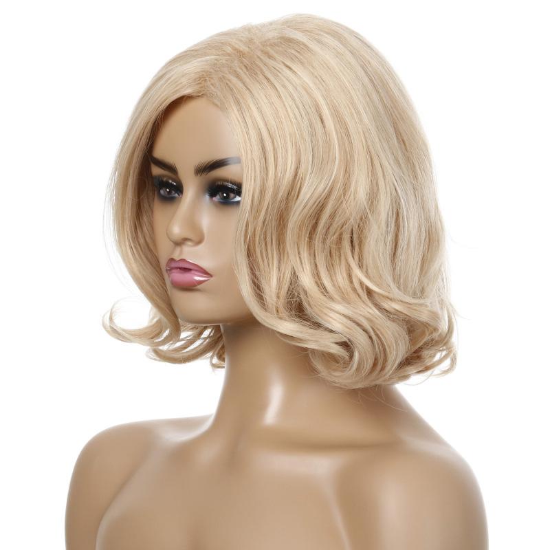 Kurze blonde Damen-Synthetik-Perücke, natürliche lockige Perücke mit Seitenteil-Knall, für Frauen, täglichen Gebrauch, Cosplay, hitzebeständige Faser