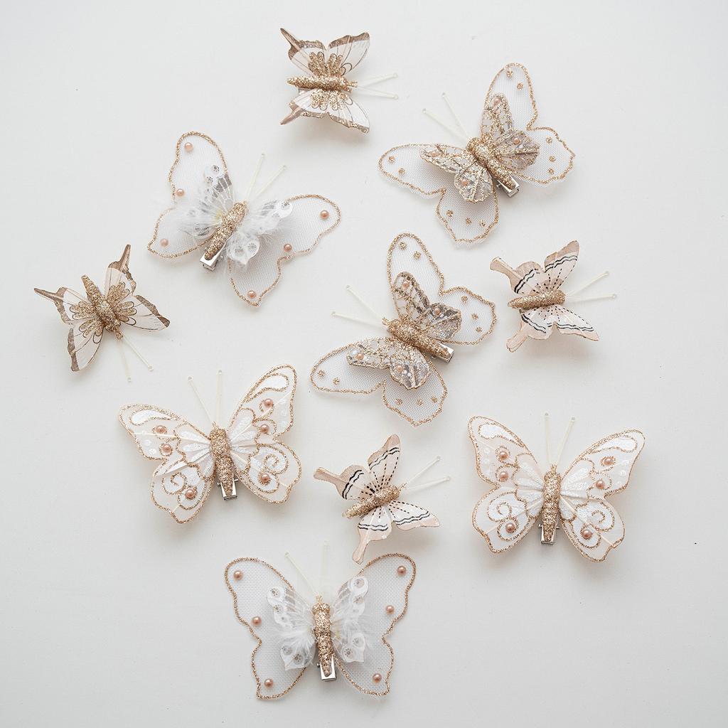 10PCS 5-7cm Simulation Butterfly Fabric Feather Color Butterfly Combination Set Christmas Decoration Small Gift Christmas Tree Ornament