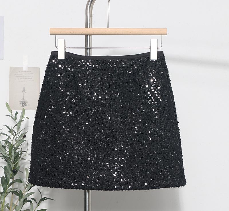 High-Waist Sequin Tweed A-Line Skirt - Anti-Exposure Design