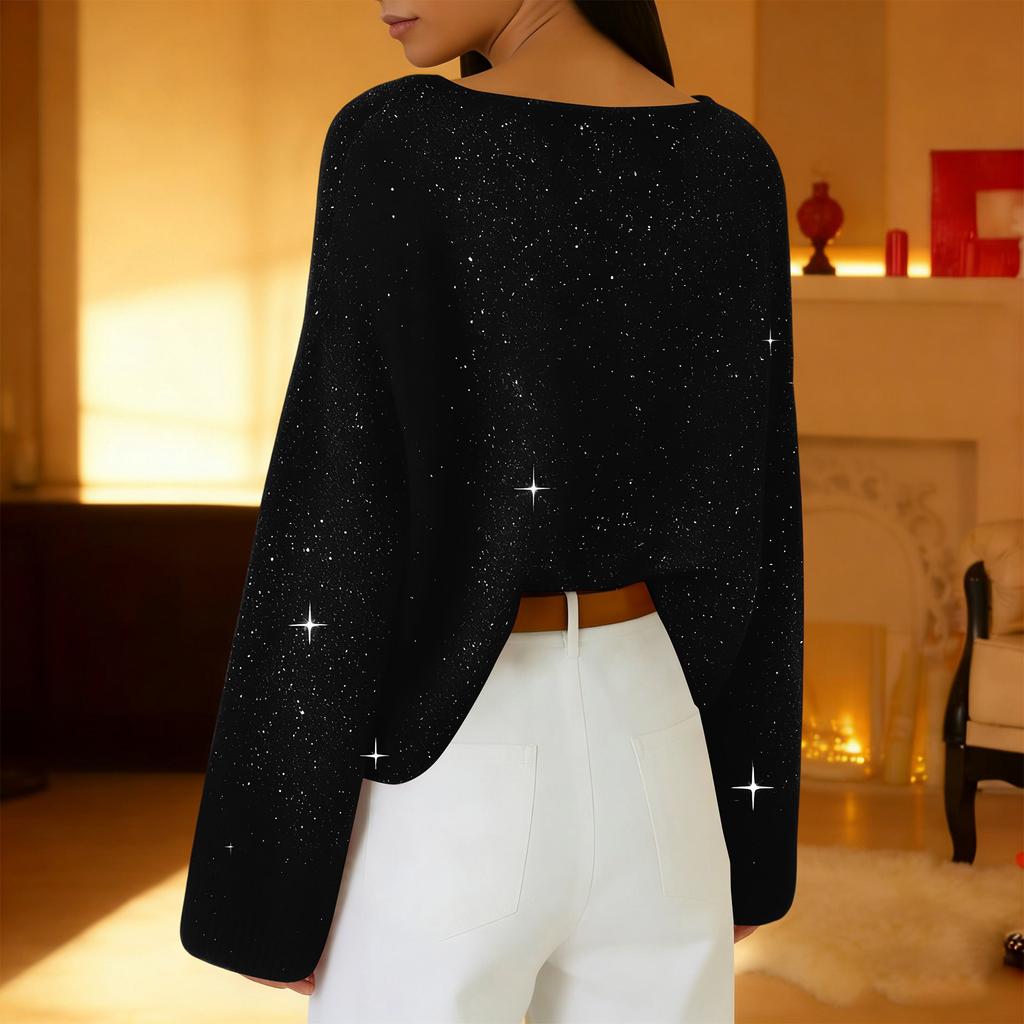 Women Sequin Knitted Casual Pullover Tops Fashion  Long Sleeve Sweaters