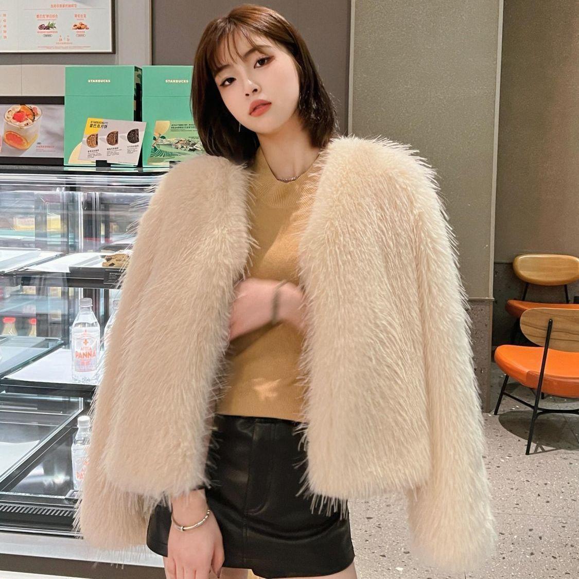 

Toka imitation fur jacket women s short collar loose imitation raccoon hair light imitation fox plush top with cotton S абрикосовий