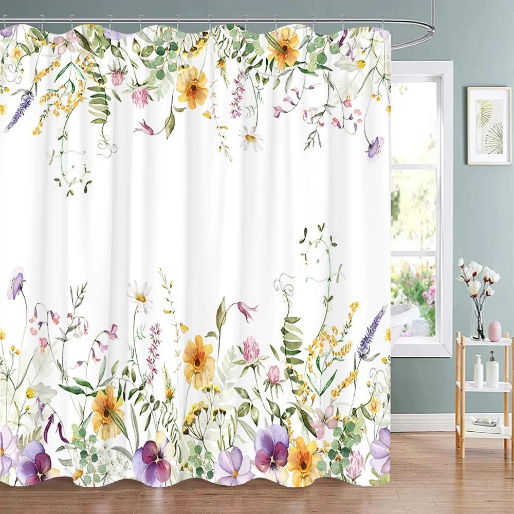 Spring Botanical Floral Shower Curtain Watercolour Style Floral Landscape Washable Fabric Bath Curtain Bathroom Decor With Hooks